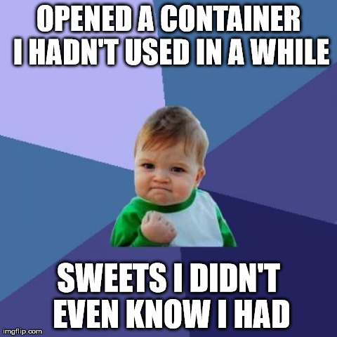 And they weren't even expired. | OPENED A CONTAINER I HADN'T USED IN A WHILE SWEETS I DIDN'T EVEN KNOW I HAD | image tagged in memes,success kid | made w/ Imgflip meme maker