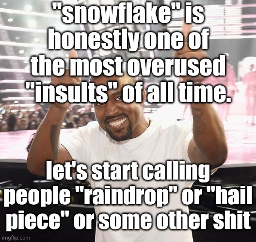 or i could just shut up | "snowflake" is honestly one of the most overused "insults" of all time. let's start calling people "raindrop" or "hail piece" or some other shit | image tagged in kanye west thumbs up | made w/ Imgflip meme maker