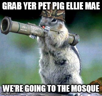 Bazooka Squirrel | GRAB YER PET PIG ELLIE MAE WE'RE GOING TO THE MOSQUE | image tagged in memes,bazooka squirrel | made w/ Imgflip meme maker