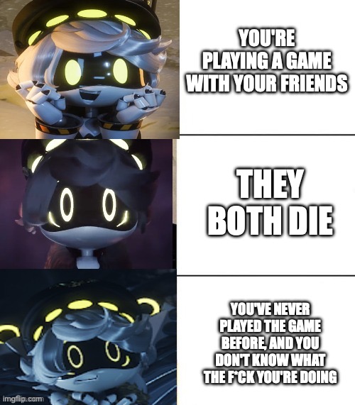 N's fright level | YOU'RE PLAYING A GAME WITH YOUR FRIENDS; THEY BOTH DIE; YOU'VE NEVER PLAYED THE GAME BEFORE, AND YOU DON'T KNOW WHAT THE F*CK YOU'RE DOING | image tagged in n's fright level | made w/ Imgflip meme maker