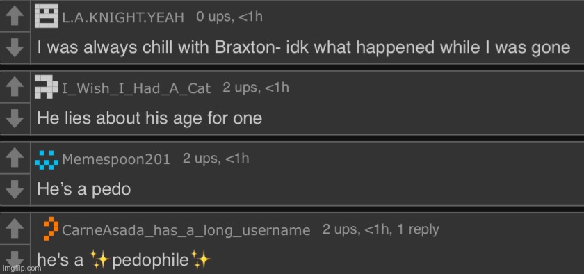 A comment with 0 ups being higher than a comment with 2 implies downvoting occurred, meaning that Braxton is probably watching t | made w/ Imgflip meme maker