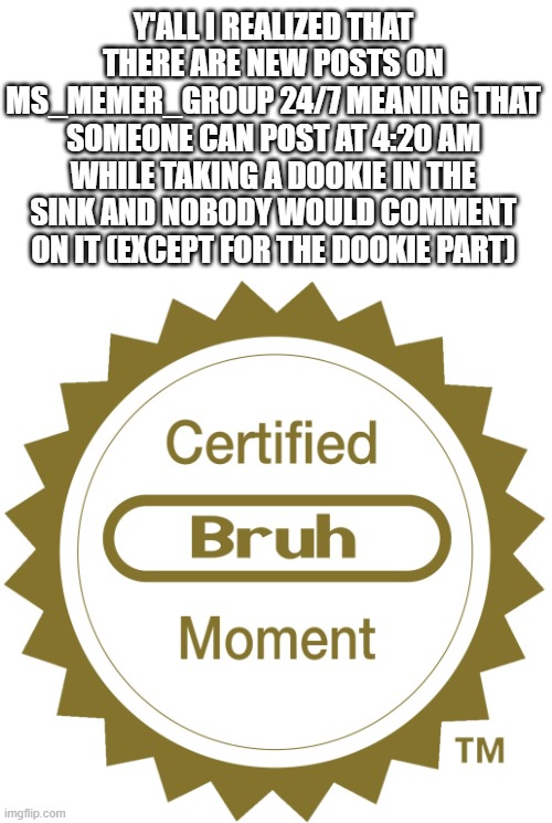 imagine | Y'ALL I REALIZED THAT THERE ARE NEW POSTS ON MS_MEMER_GROUP 24/7 MEANING THAT SOMEONE CAN POST AT 4:20 AM WHILE TAKING A DOOKIE IN THE SINK AND NOBODY WOULD COMMENT ON IT (EXCEPT FOR THE DOOKIE PART) | image tagged in certified bruh moment,idk what to put here | made w/ Imgflip meme maker