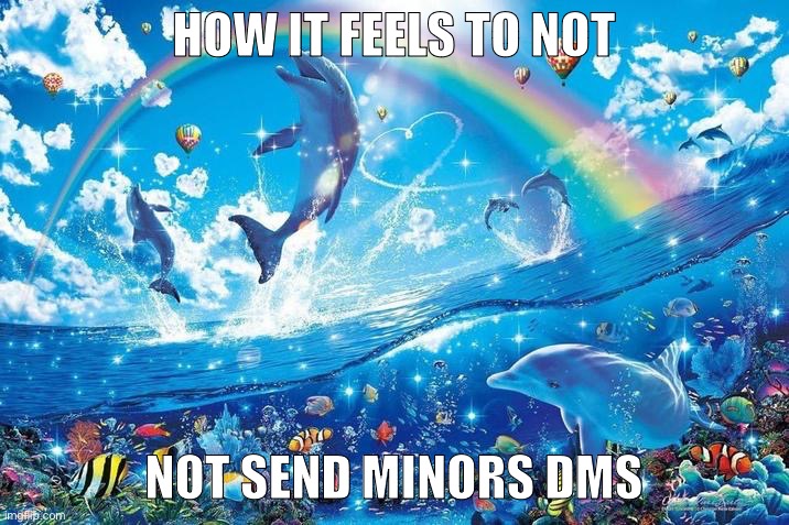 Happy dolphin rainbow | HOW IT FEELS TO NOT; NOT SEND MINORS DMS | image tagged in happy dolphin rainbow | made w/ Imgflip meme maker