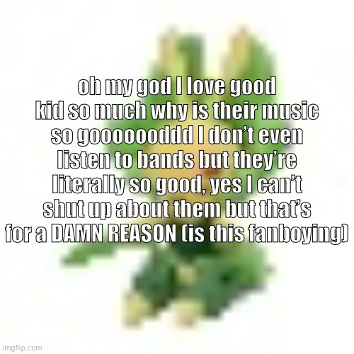 sorry I can’t shut up about them | oh my god I love good kid so much why is their music so gooooooddd I don’t even listen to bands but they’re literally so good, yes I can’t shut up about them but that’s for a DAMN REASON (is this fanboying) | image tagged in 144p leavanny | made w/ Imgflip meme maker