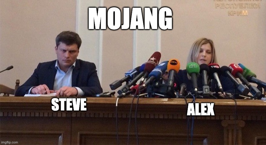 steve is the og...but now all they care about is alex! | MOJANG; STEVE; ALEX | image tagged in man and woman microphone,memes,gaming,minecraft,minecraft steve,alex | made w/ Imgflip meme maker