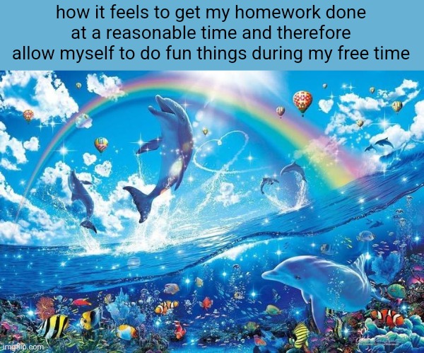 Happy dolphin rainbow | how it feels to get my homework done at a reasonable time and therefore allow myself to do fun things during my free time | image tagged in happy dolphin rainbow | made w/ Imgflip meme maker