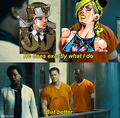 Two silly string ah stands | image tagged in he does exactly what i do but better,jojo's bizarre adventure | made w/ Imgflip meme maker