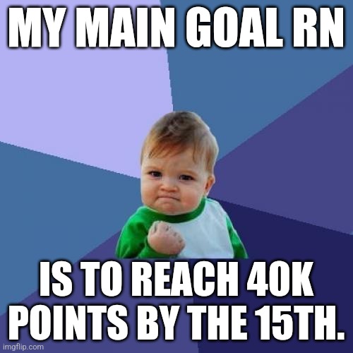 Success Kid | MY MAIN GOAL RN; IS TO REACH 40K POINTS BY THE 15TH. | image tagged in memes,success kid | made w/ Imgflip meme maker