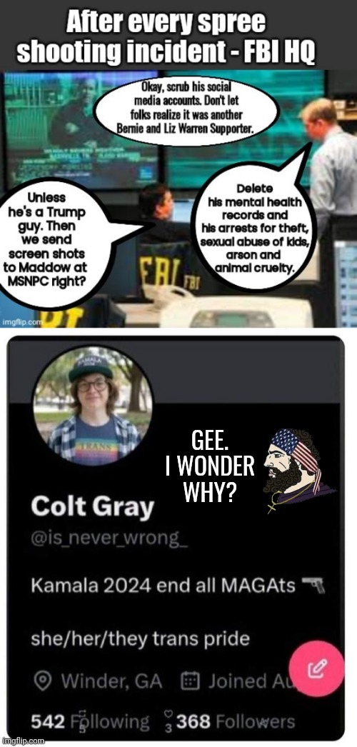 After every shooting spree | GEE. I WONDER WHY? | image tagged in fbi,social media | made w/ Imgflip meme maker