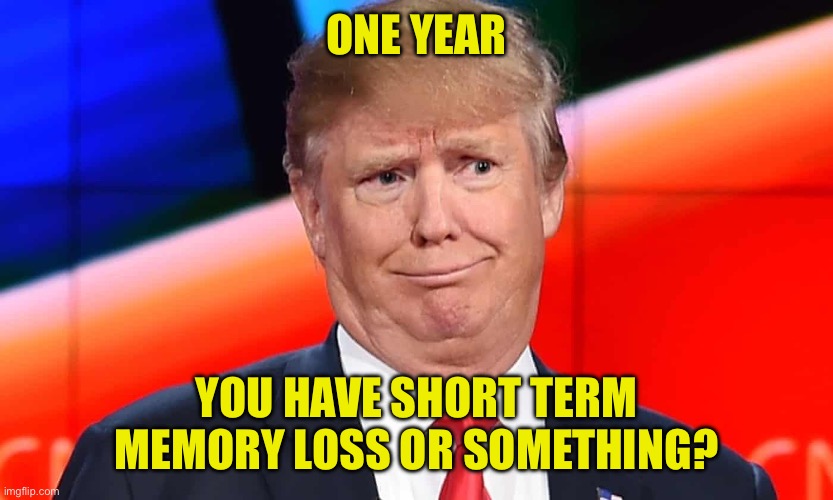 Trump cringes | ONE YEAR YOU HAVE SHORT TERM MEMORY LOSS OR SOMETHING? | image tagged in trump cringes | made w/ Imgflip meme maker