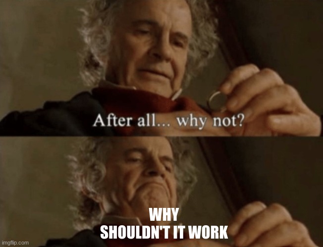 After all.. why not? | WHY SHOULDN'T IT WORK | image tagged in after all why not | made w/ Imgflip meme maker