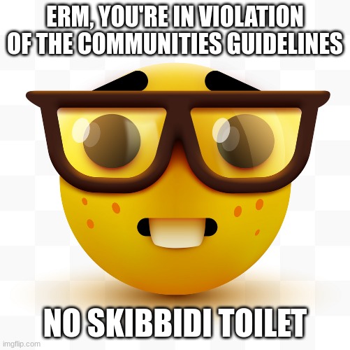 Nerd emoji | ERM, YOU'RE IN VIOLATION OF THE COMMUNITIES GUIDELINES NO SKIBBIDI TOILET | image tagged in nerd emoji | made w/ Imgflip meme maker