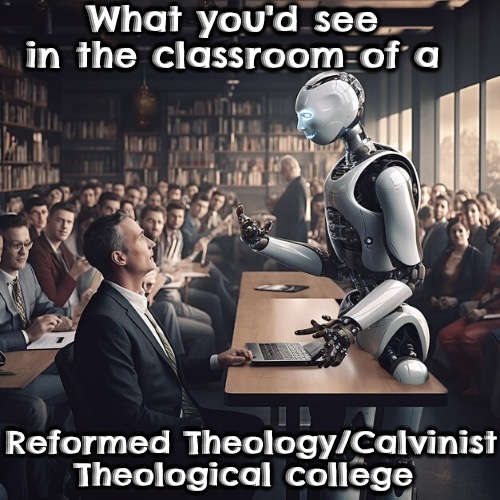 Calvibot Professor | What you'd see in the classroom of a; Reformed Theology/Calvinist Theological college | image tagged in memes,ai,reformed theology,calvinism,arminian,funny | made w/ Imgflip meme maker