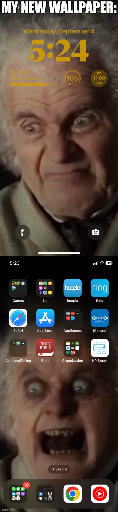 Completely normal wallpaper | MY NEW WALLPAPER: | image tagged in funny,lotr,lord of the rings,bilbo baggins,hobbit,jumpscare | made w/ Imgflip meme maker