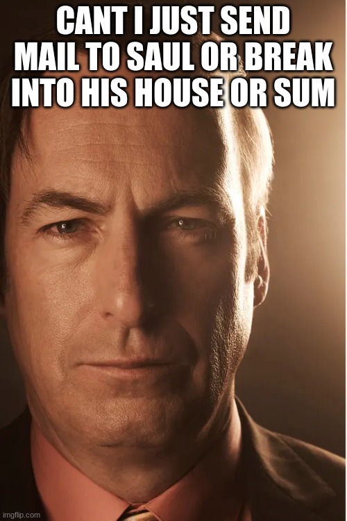 Better call saul | CANT I JUST SEND MAIL TO SAUL OR BREAK INTO HIS HOUSE OR SUM | image tagged in better call saul | made w/ Imgflip meme maker