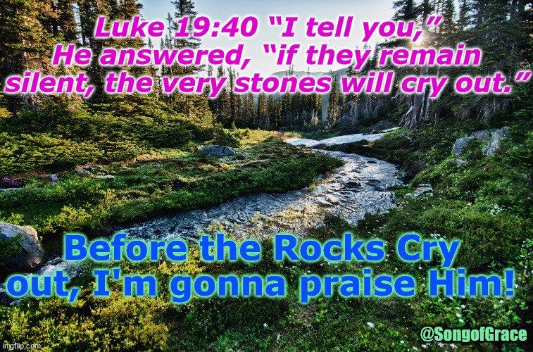 Luke 19:40 - B4 the Rocks Cry out! | Luke 19:40 “I tell you,” He answered, “if they remain silent, the very stones will cry out.”; Before the Rocks Cry out, I'm gonna praise Him! @SongofGrace | image tagged in biblical encouragement | made w/ Imgflip meme maker