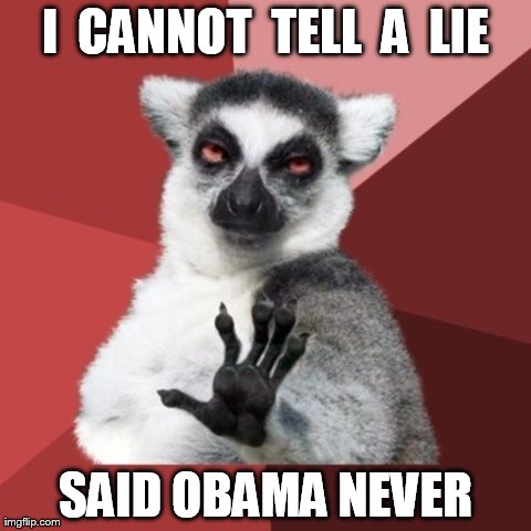 Chill Out Lemur | I  CANNOT  TELL  A  LIE SAID OBAMA NEVER | image tagged in memes,chill out lemur | made w/ Imgflip meme maker