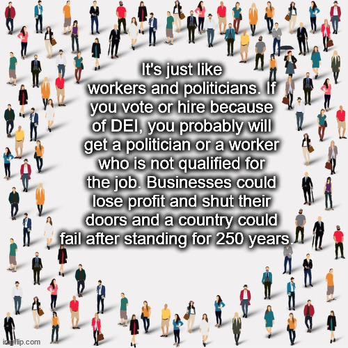 DEI DIVERSITY EQUITY AND INCLUSION | It's just like  workers and politicians. If you vote or hire because of DEI, you probably will get a politician or a worker who is not qualified for the job. Businesses could lose profit and shut their doors and a country could fail after standing for 250 years. | image tagged in dei,diversity,2024 election,equity,trump 2024,harris 2024 | made w/ Imgflip meme maker