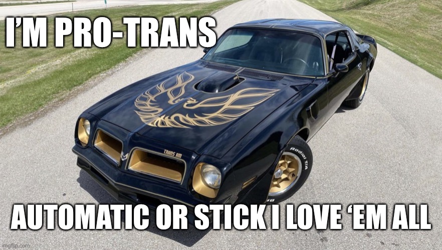 Pro trans (am that is) | I’M PRO-TRANS; AUTOMATIC OR STICK I LOVE ‘EM ALL | image tagged in transgender,detransition,gender,non binary,lgbtq,muscle car | made w/ Imgflip meme maker