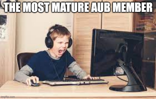 kid screaming at computer | THE MOST MATURE AUB MEMBER | image tagged in kid screaming at computer | made w/ Imgflip meme maker