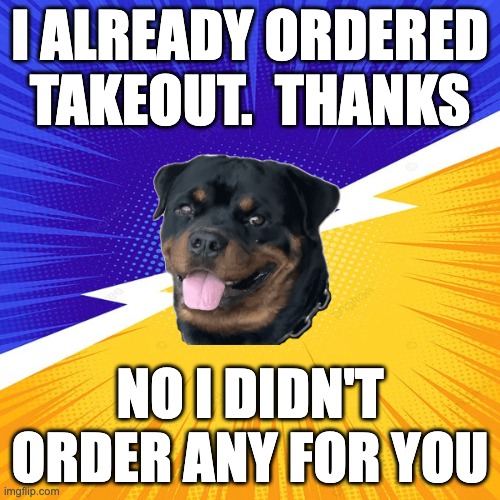 Ordered Takeout | I ALREADY ORDERED TAKEOUT.  THANKS; NO I DIDN'T ORDER ANY FOR YOU | image tagged in advice dog | made w/ Imgflip meme maker