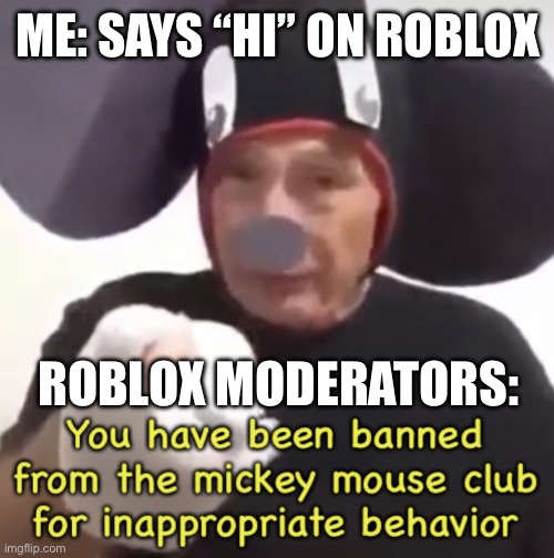 Roblox mods be like | ME: SAYS “HI” ON ROBLOX; ROBLOX MODERATORS: | image tagged in banned from the mickey mouse club | made w/ Imgflip meme maker