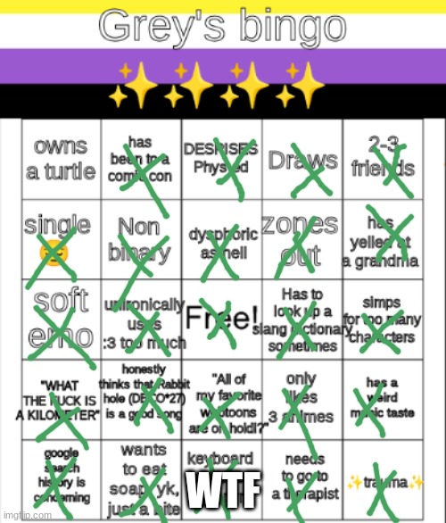 WTF | WTF | image tagged in greys bingo | made w/ Imgflip meme maker