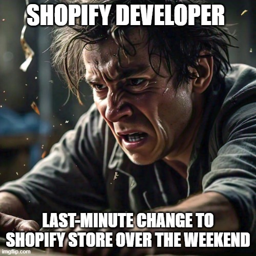 Shopify Developer | SHOPIFY DEVELOPER; LAST-MINUTE CHANGE TO SHOPIFY STORE OVER THE WEEKEND | image tagged in shopify | made w/ Imgflip meme maker