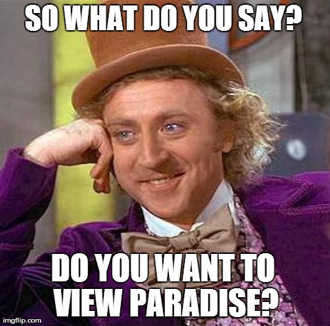 Creepy Condescending Wonka | SO WHAT DO YOU SAY? DO YOU WANT TO VIEW PARADISE? | image tagged in memes,creepy condescending wonka | made w/ Imgflip meme maker