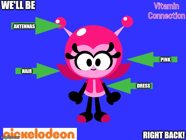 We'll be right back to Vitamin Connection on Nickelodeon! | WE'LL BE; Vitamin Connection; ANTENNAS; PINK; HAIR; DRESS; RIGHT BACK! | image tagged in vitamin connection,nickelodeon,asthma | made w/ Imgflip meme maker