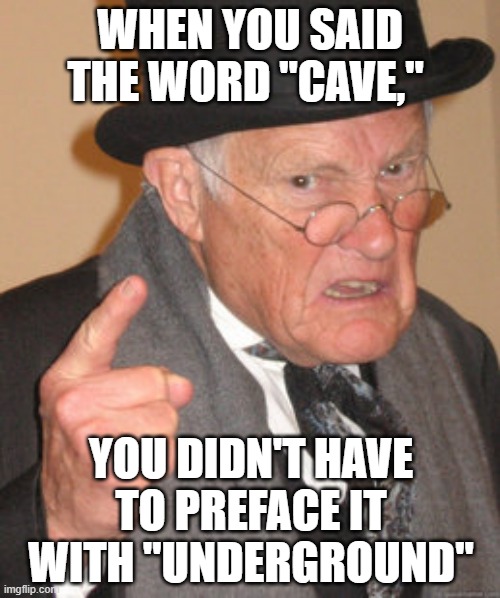 Back In My Day | WHEN YOU SAID THE WORD "CAVE,"; YOU DIDN'T HAVE TO PREFACE IT WITH "UNDERGROUND" | image tagged in memes,back in my day | made w/ Imgflip meme maker