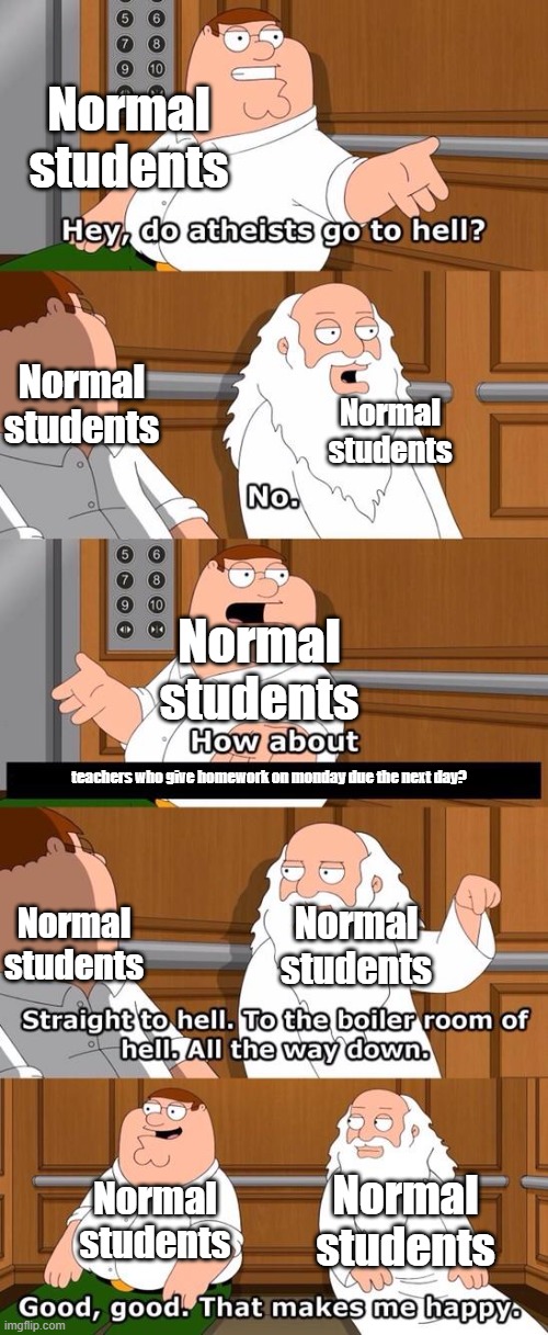 school | Normal students; Normal students; Normal students; Normal students; teachers who give homework on monday due the next day? Normal students; Normal students; Normal students; Normal students | image tagged in the boiler room of hell,school | made w/ Imgflip meme maker