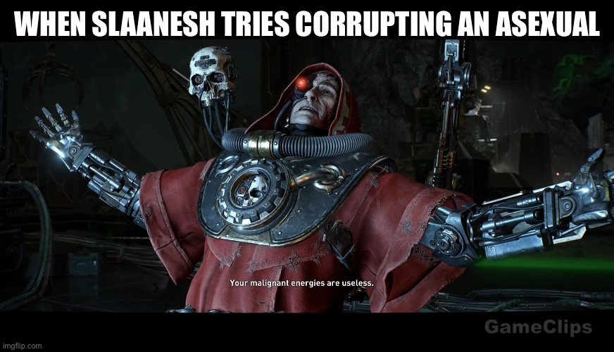 Your Malignant energies are useless | WHEN SLAANESH TRIES CORRUPTING AN ASEXUAL | image tagged in your malignant energies are useless | made w/ Imgflip meme maker