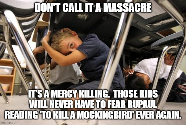 What Kids Really Need to Fear | DON'T CALL IT A MASSACRE; IT'S A MERCY KILLING.  THOSE KIDS WILL NEVER HAVE TO FEAR RUPAUL READING 'TO KILL A MOCKINGBIRD' EVER AGAIN. | image tagged in school shooting meme | made w/ Imgflip meme maker