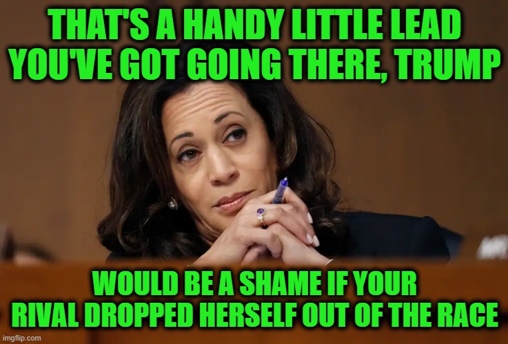 Trump won the Coin Toss: Gets the Last Word at the First Debate | THAT'S A HANDY LITTLE LEAD YOU'VE GOT GOING THERE, TRUMP; WOULD BE A SHAME IF YOUR RIVAL DROPPED HERSELF OUT OF THE RACE | image tagged in kamala,smug | made w/ Imgflip meme maker