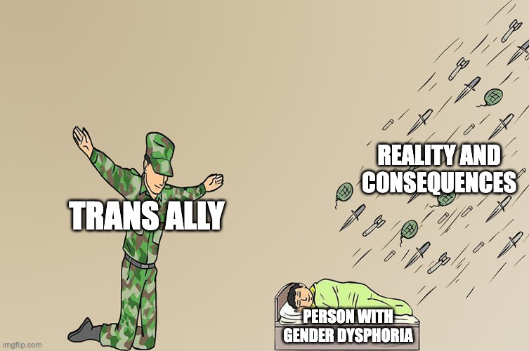 be a real friend, help not harm the ones you love and care about | REALITY AND CONSEQUENCES; TRANS ALLY; PERSON WITH GENDER DYSPHORIA | image tagged in soldier not protecting child | made w/ Imgflip meme maker