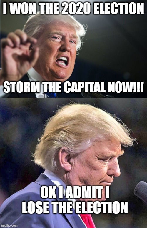 Pathetic Don lies again | I WON THE 2020 ELECTION; STORM THE CAPITAL NOW!!! OK I ADMIT I LOSE THE ELECTION | image tagged in donald trump,ugly trump picture 2 | made w/ Imgflip meme maker