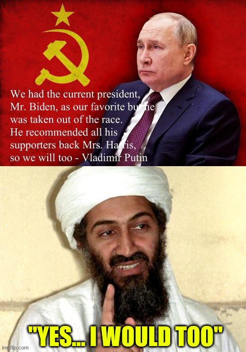 Which candidate is more favorable for Russia to have?  Kamala Harris of course! | "YES... I WOULD TOO" | image tagged in osama bin laden,would recommend harris too,putin,endorses,kamala harris | made w/ Imgflip meme maker