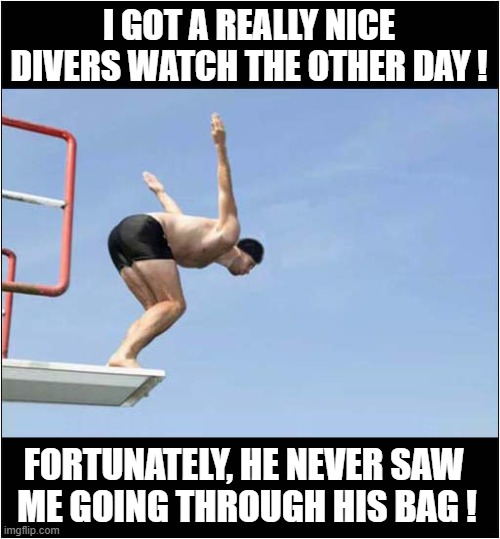 Finders Keepers ! | I GOT A REALLY NICE DIVERS WATCH THE OTHER DAY ! FORTUNATELY, HE NEVER SAW 
ME GOING THROUGH HIS BAG ! | image tagged in theft,diver,watch,finders keepers,dark humour | made w/ Imgflip meme maker