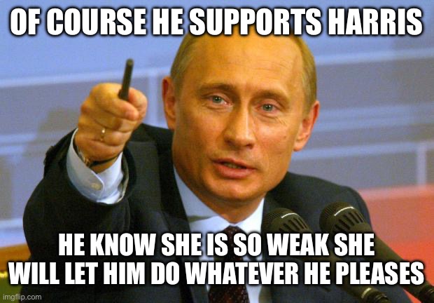 Good Guy Putin | OF COURSE HE SUPPORTS HARRIS; HE KNOW SHE IS SO WEAK SHE WILL LET HIM DO WHATEVER HE PLEASES | image tagged in memes,good guy putin | made w/ Imgflip meme maker