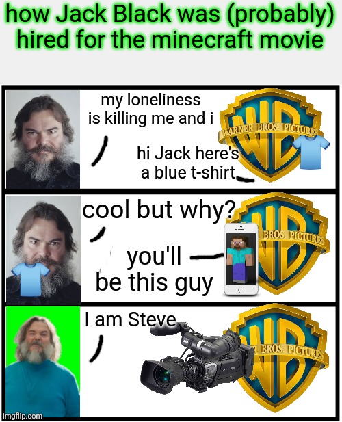 way too much effort put into a meme that will probably get like 2 upvotes | how Jack Black was (probably) hired for the minecraft movie; my loneliness is killing me and i; 👕; hi Jack here's a blue t-shirt; cool but why? you'll be this guy; 👕; I am Steve | image tagged in blank comic panel 1x3 | made w/ Imgflip meme maker