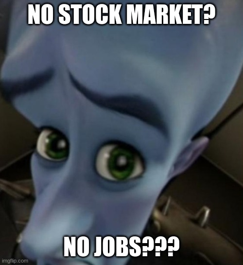 the great depression | NO STOCK MARKET? NO JOBS??? | image tagged in megamind no bitches | made w/ Imgflip meme maker