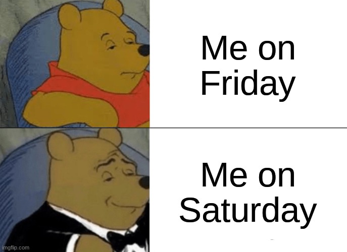 Tuxedo Winnie The Pooh | Me on Friday; Me on Saturday | image tagged in memes,tuxedo winnie the pooh | made w/ Imgflip meme maker