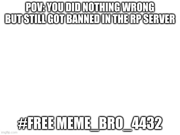 free me | POV: YOU DID NOTHING WRONG BUT STILL GOT BANNED IN THE RP SERVER; #FREE MEME_BRO_4432 | image tagged in free meme_bro_4432 | made w/ Imgflip meme maker