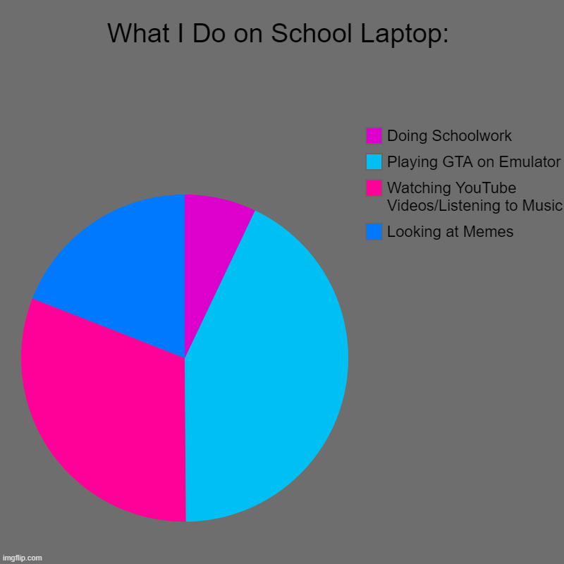 The School Laptops SUCK!! | What I Do on School Laptop: | Looking at Memes, Watching YouTube Videos/Listening to Music, Playing GTA on Emulator, Doing Schoolwork | image tagged in charts,pie charts | made w/ Imgflip chart maker