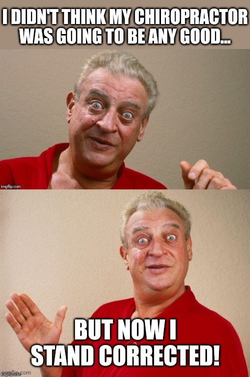 Back Crack Pun | I DIDN'T THINK MY CHIROPRACTOR WAS GOING TO BE ANY GOOD... BUT NOW I STAND CORRECTED! | image tagged in rodney dangerfield,bad pun,chiropractor,back,doctor,dad joke | made w/ Imgflip meme maker