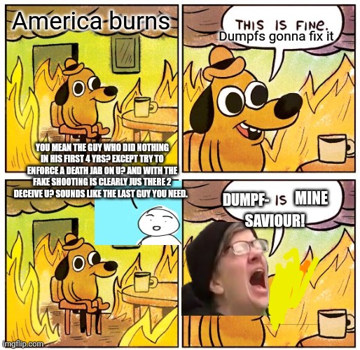 America burns Dumpfs gonna fix it YOU MEAN THE GUY WHO DID NOTHING IN HIS FIRST 4 YRS? EXCEPT TRY TO ENFORCE A DEATH JAB ON U? AND WITH THE  | image tagged in memes,this is fine | made w/ Imgflip meme maker