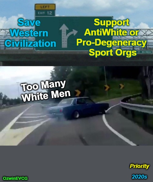 Priority 2020s [V2] | Support 

AntiWhite or 

Pro-Degeneracy 

Sport Orgs; Save 

Western 

Civilization; Too Many 

White Men; Priority; 2020s; OzwinEVCG | image tagged in memes,left exit 12 off ramp,antiwhitism,degenerate,priorities,sports fans | made w/ Imgflip meme maker