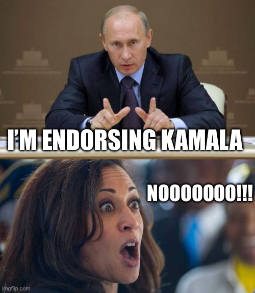 Endorsement | I’M ENDORSING KAMALA; NOOOOOOO!!! | image tagged in memes,vladimir putin,kamala harriss,democrats,republicans | made w/ Imgflip meme maker