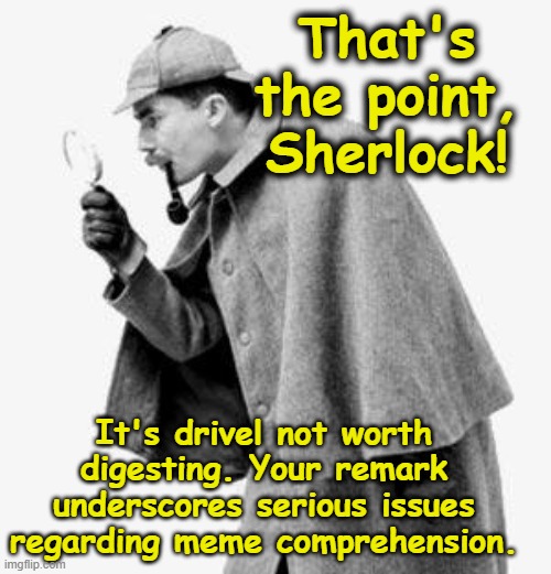 detective | That's the point, Sherlock! It's drivel not worth digesting. Your remark underscores serious issues regarding meme comprehension. | image tagged in detective | made w/ Imgflip meme maker